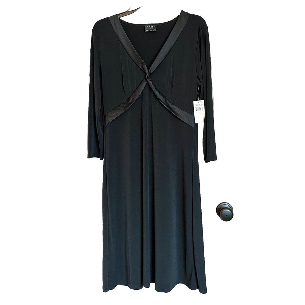 BCBG Paris Dress Lg A-line Babydoll Midi 3/4 Sleeve Black Dark Classic Goth NWT